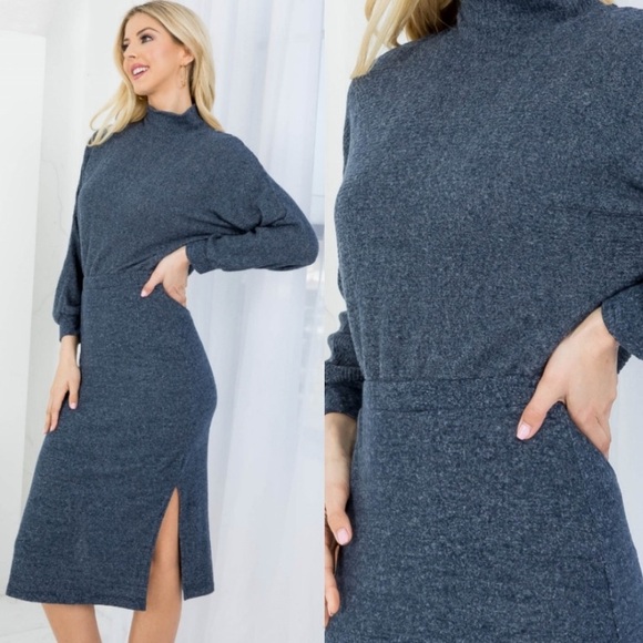 NWT Ginger G Elegant Cozy Comfy Long Sleeve Gray Midi Sweater Dress SML - Picture 3 of 5